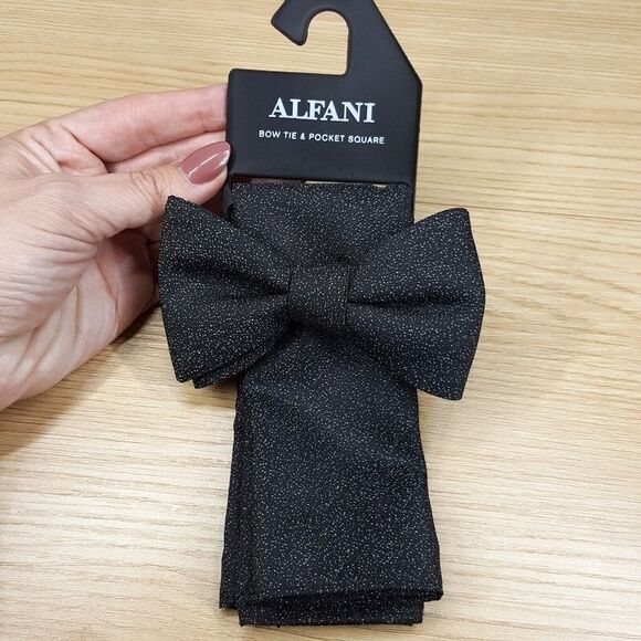 ALFANI Mens Bow Tie & Pocket Square Black Spotted Matching Set - Picture 1 of 3